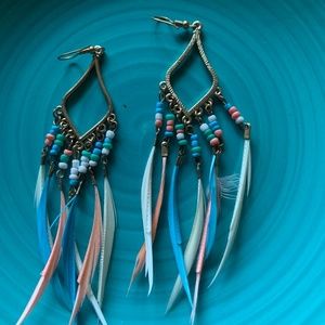 Boho feather white peach blue earrings